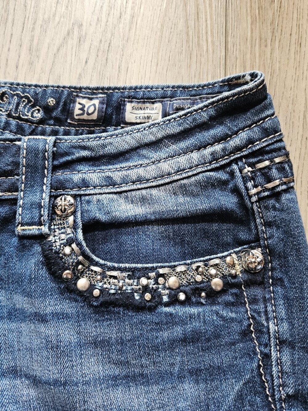 Miss Me Medium Blue Rhinestone Embellished Skinny Jeans - Picture 5 of 13